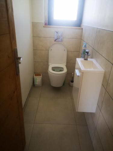 ein kleines Badezimmer mit Toilette und Waschbecken in der Unterkunft La Crosette in La Thuile