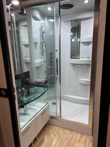 La salle de bains est pourvue d'une douche et d'une cabine de douche en verre. dans l'établissement Studio piscine parking Cannes, à Cannes