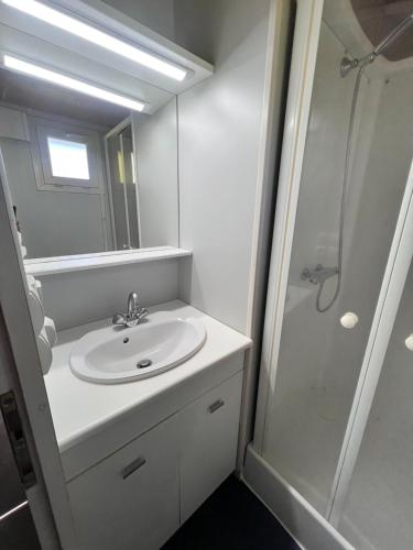 a white bathroom with a sink and a shower at Camping La Tourelle in Plémy