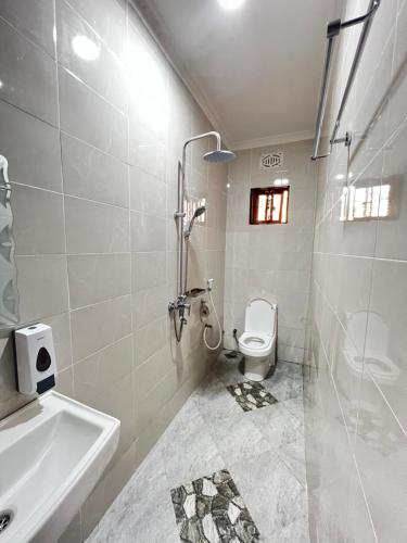 a white bathroom with a toilet and a sink at Hadraj Moshono Apartment2 in Arusha