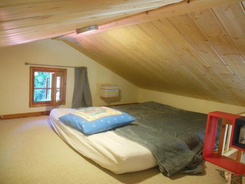 une chambre avec un lit avec un oreiller bleu dans l'établissement Gite 33m2, Vue Sur Le Vercors, à Vinay