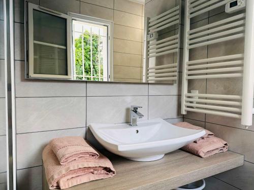 une salle de bain avec un lavabo et un miroir dans l'établissement Les Palmiers Appartement, à Grimaud