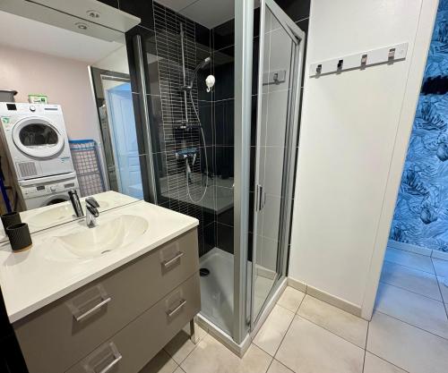 ポルニシェにあるCharmant T2 direct plageのシャワーと洗面台付きのバスルーム
