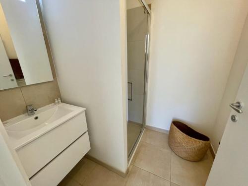 une salle de bain blanche avec un lavabo et une douche dans l'établissement Apartment with direct beach access Casa Marina, à Linguizzetta