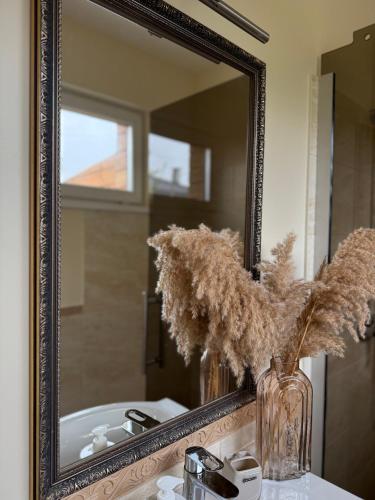 a mirror on top of a bathroom sink at Poilsis Kunigiškiuose in Palanga