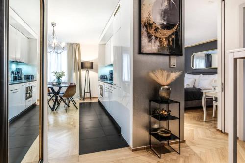 ein Flur, der zu einem Wohnzimmer und einer Küche führt in der Unterkunft Boutiqueluxury Balcony Ac Downtown in Zürich