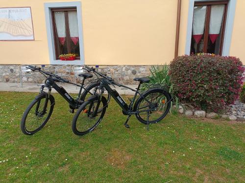 two bikes parked in the grass in front of a building at Casa Pellis in Fagagna