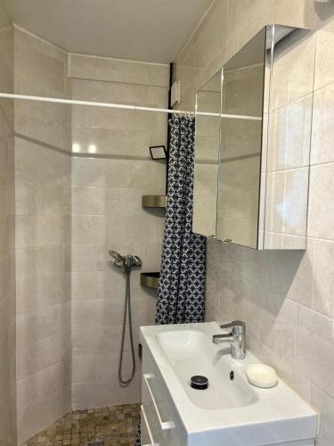 une salle de bain avec un lavabo et un miroir dans l'établissement Superbe T2 face mer 4EST402, au Barcarès