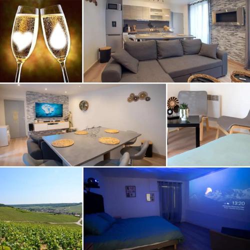 a collage of pictures of a living room and a kitchen at Au cœur des vignes Proche Disneyland in Crézancy