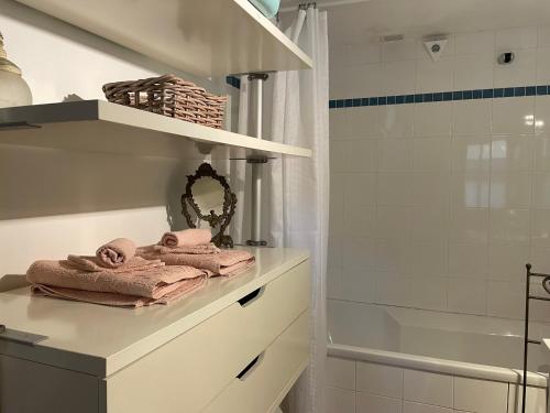- une salle de bains pourvue de serviettes sur un comptoir à côté d'une douche dans l'établissement Le Mazet du Ron des Perles, à Valleraugue