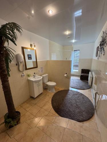 a bathroom with a toilet and a sink and a palm tree at Mayak Resort in Kam”yani Potoky