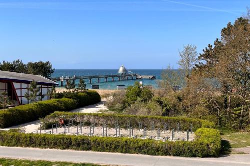 a view of the pier from the park at Kranichtanz an der Seebrücke in Zingst