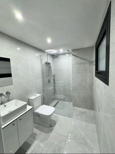 a bathroom with a shower and a toilet and a sink at Modern One-Bedroom Suite with Balcony in Central Nicosia in Nicosia