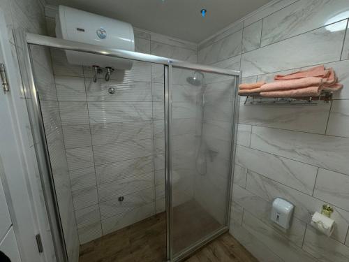 une douche avec une porte vitrée dans une salle de bain dans l'établissement Vila Kraljica 2- apartman 9, à Bukorovac