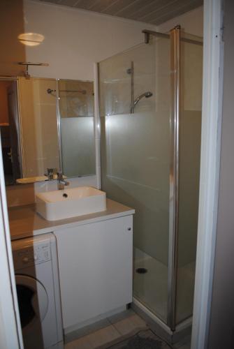 une salle de bain avec un lavabo et une douche dans l'établissement Appartement vacances LES ISSAMBRES La corniche, aux Issambres