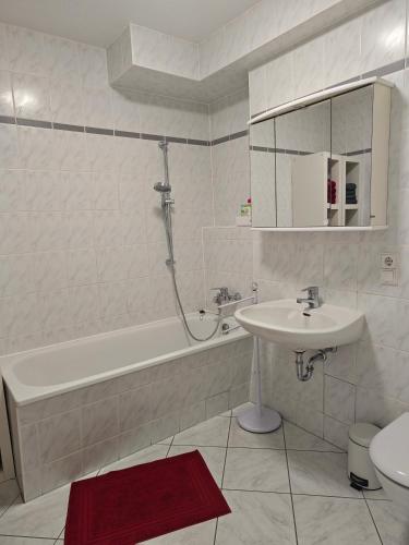 a bathroom with a sink and a bath tub and a sink at Ferienwohnung Bad Saarow "Am Märkischen Meer" in Bad Saarow