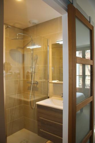 une salle de bain avec douche et lavabo dans l'établissement Les appart'hotels de la fontaine, à Autoire