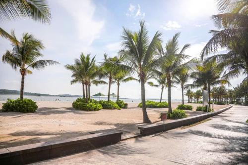 a row of palm trees on a sandy beach at Seaside Elegance- À la carte Hotel Hạ Long in Ha Long