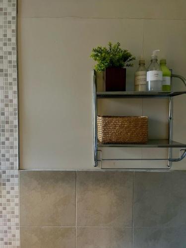 a shelf in a bathroom with bottles and a plant at "Josefa" terraza y parrilla - Alojate Mendoza in Mendoza