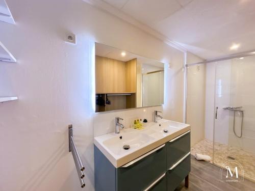 une salle de bain avec un lavabo et une douche dans l'établissement Maison au Castellet avec piscine, au Castellet