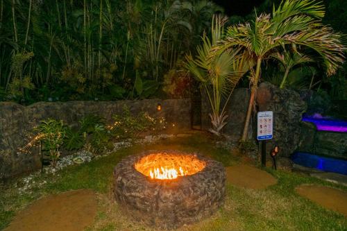 a fire pit in a garden at night at Hale Aulani in Princeville