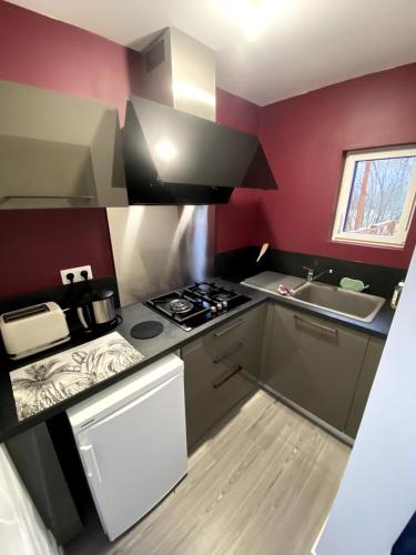 Il comprend une petite cuisine équipée d'une cuisinière et d'un évier. dans l'établissement Les Chemins Hauts, à Dontreix