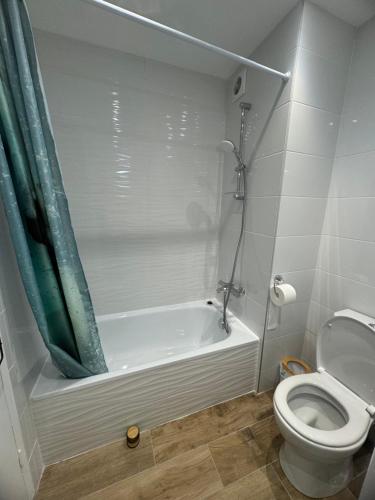 une salle de bain avec baignoire et toilettes dans l'établissement Studio proche des pistes - Chantegrive, à Uvernet