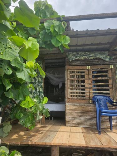 a blue chair sitting on a wooden deck at Chowa lodge in Nuquí