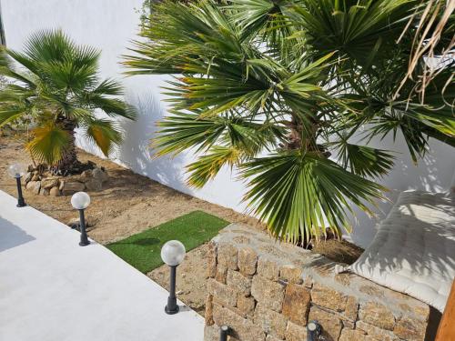 a retaining wall with palm trees and a artificial grass at ELLI TROPiCAL LUXURY SUITES SUNSET-INFINITY POOL- SEA SIDE-NEAR CENTER PARKING in Mikonos