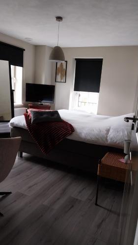 a bedroom with a large bed and two windows at B&B Moria in Surhuisterveen