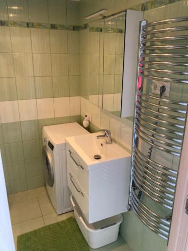 a bathroom with a washing machine and a sink at Palanga poilsiui in Palanga