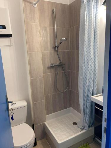 a bathroom with a shower and a toilet at L'Echappée Quennoise, Appartement à 200m de la mer in Quend-Plage