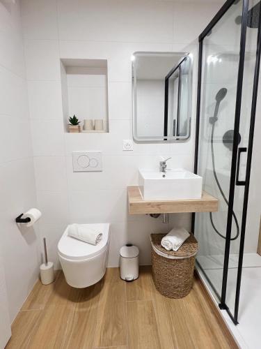 une salle de bain avec toilettes, lavabo et douche dans l'établissement Japandi en centre-ville, à Narbonne