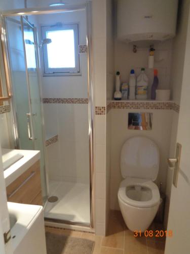 La salle de bains est pourvue de toilettes, d'une douche et d'une fenêtre. dans l'établissement Carpe diem, à Port-Leucate