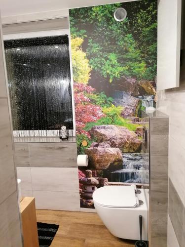 a bathroom with a wall mural of a waterfall at Willa JANECZKA in Karpacz