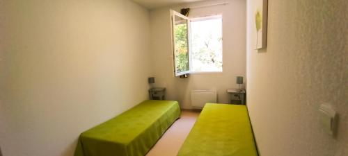 Cette chambre comprend 2 lits verts et une fenêtre. dans l'établissement Villa Résidence Les Demeures du Ventoux - Vacancéole AUBIGNAN, à Aubignan