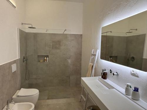 ein Badezimmer mit Waschbecken, Toilette und Spiegel in der Unterkunft Casa Ulivo in Capilungo