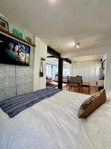 a bedroom with a large bed with a television on the wall at Beautiful Loft 10 minutes from AIFA in San Pedro Atzompa
