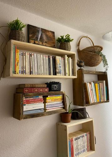 une étagère avec des livres sur un mur dans l'établissement L Artisanerie - Maison typique en pleine nature, à Sablières
