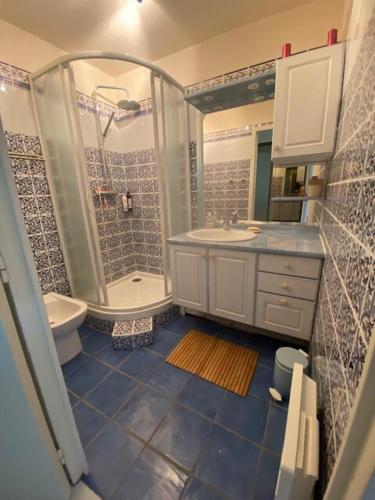une salle de bain avec une douche, un lavabo et des toilettes dans l'établissement Beautiful apartment close to the beach, à Toulon