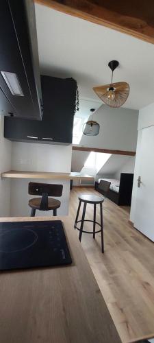 un salon avec une table et un plafond dans l'établissement Alpine Stay Studio mansardé Chorrier Berriat Clinique Mutualiste, à Grenoble