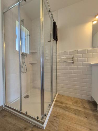 une douche avec une porte vitrée dans une salle de bain dans l'établissement ma jolie maison , jardin privé , clim, à Acquigny