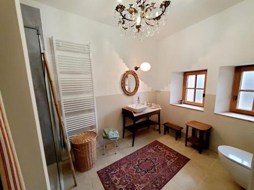 ein Badezimmer mit Waschbecken, Spiegel und Tisch in der Unterkunft Charmante maison de village à Ménil-sur-Saulx - FR-1-585-172 in Ménil-sur-Saulx