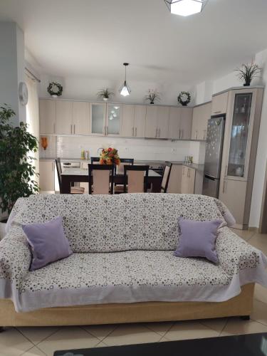 sala de estar con sofá y 2 almohadas en Luli Apartment, en Sarandë