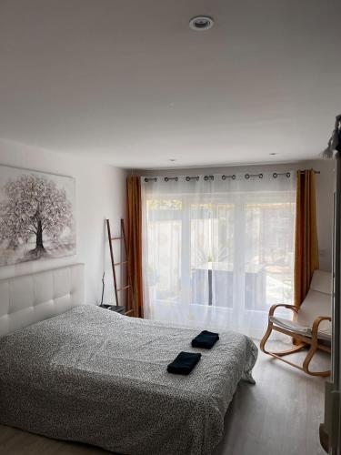 une chambre avec un lit, une chaise et une fenêtre dans l'établissement Villa Riva-Bella, à Ouistreham