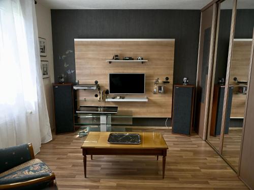 un salon avec une télévision et une table basse dans l'établissement Gîte Charmant avec Terrasse Privée et Parking à Zellenberg - FR-1-744-44, à Zellenberg