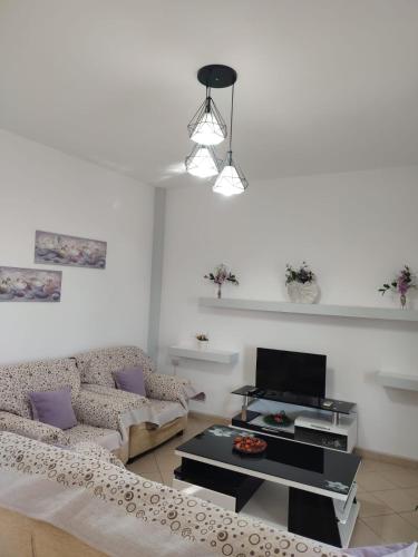 Una sala de estar con un sofá y un televisor. en Luli Apartment, en Sarandë