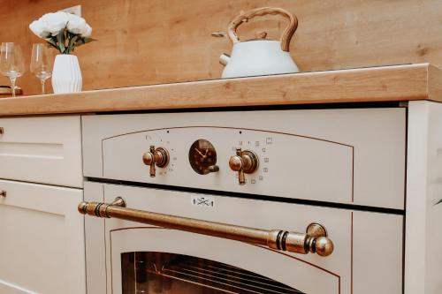 a kitchen with an oven with a counter top at Apartmán Baumgartner in Banská Štiavnica