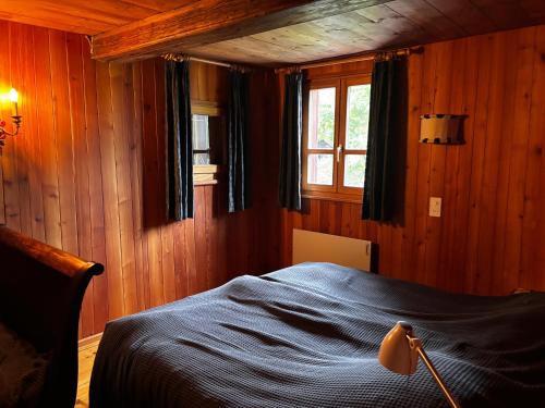 a bedroom with a bed in a room with wooden walls at Ca da Viola in Cavagnago