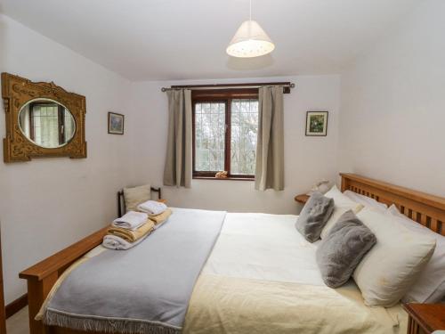 a bedroom with a large bed with a mirror at Wringford Farm Annexe in Torpoint